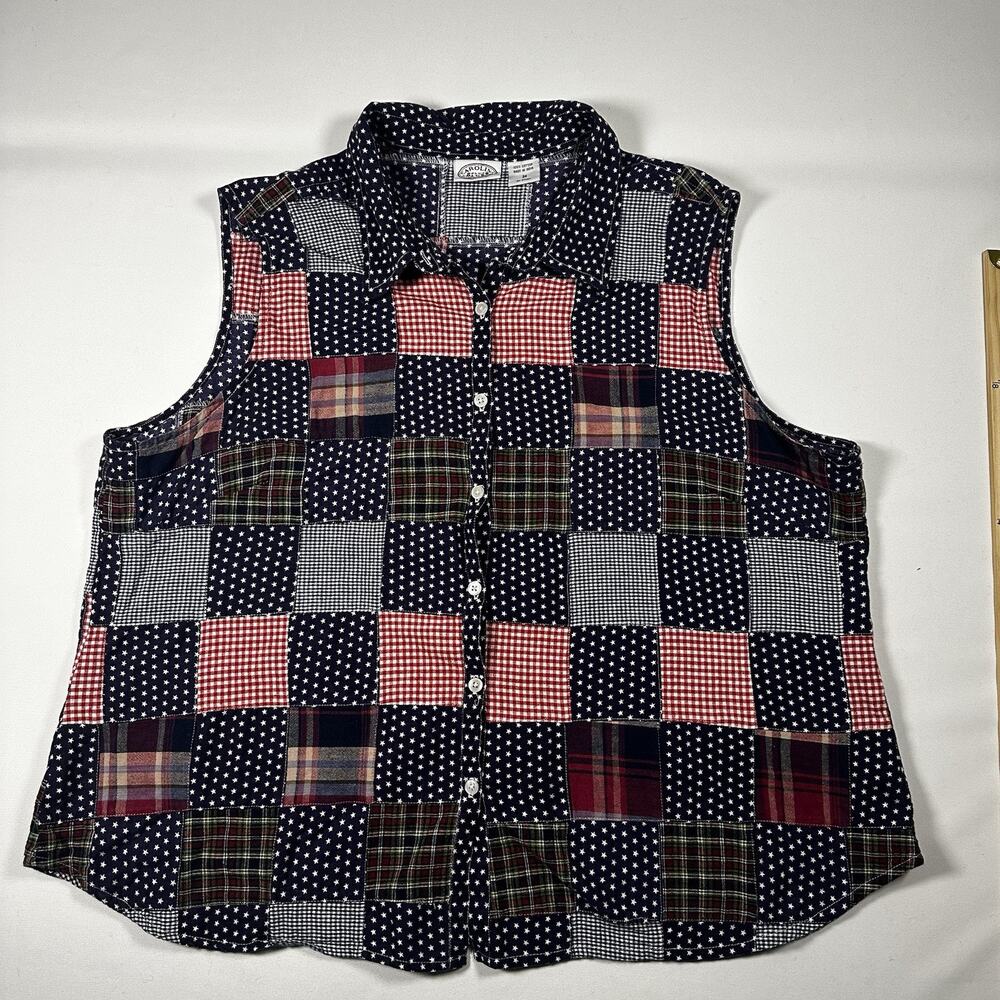 Vintage 90s Carolina Blues Plus Patchwork Patriotic Sleeveless Button Down